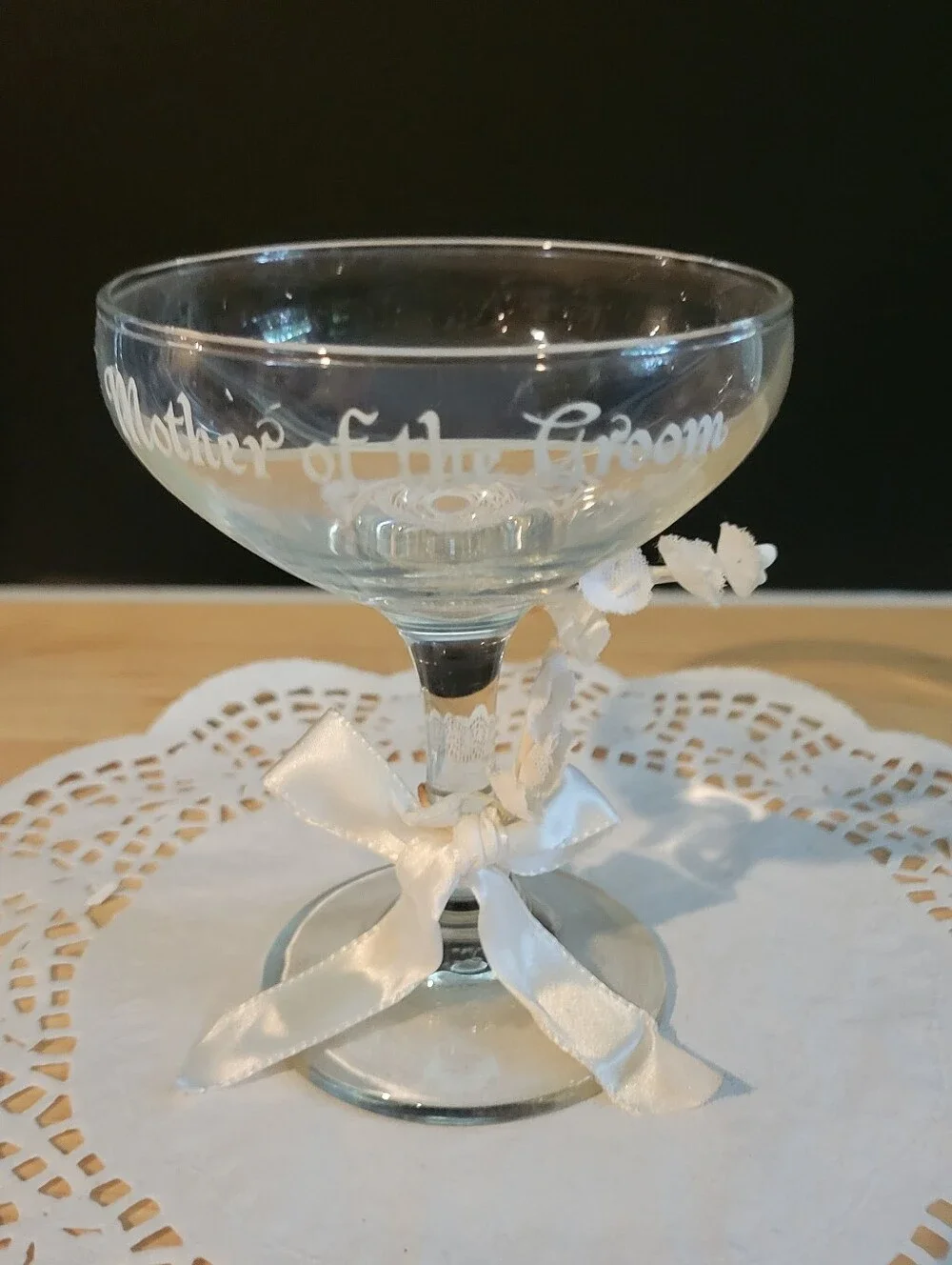 Mother of the Groom Engraved Champagne Coupe - Clear Glass with White Ribbon